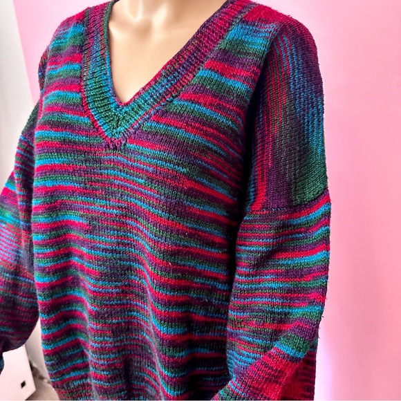 Vintage 90’s Multicolour Handmade V Neck Grunge Baggy Sweater Size XL - Picture 4 of 8